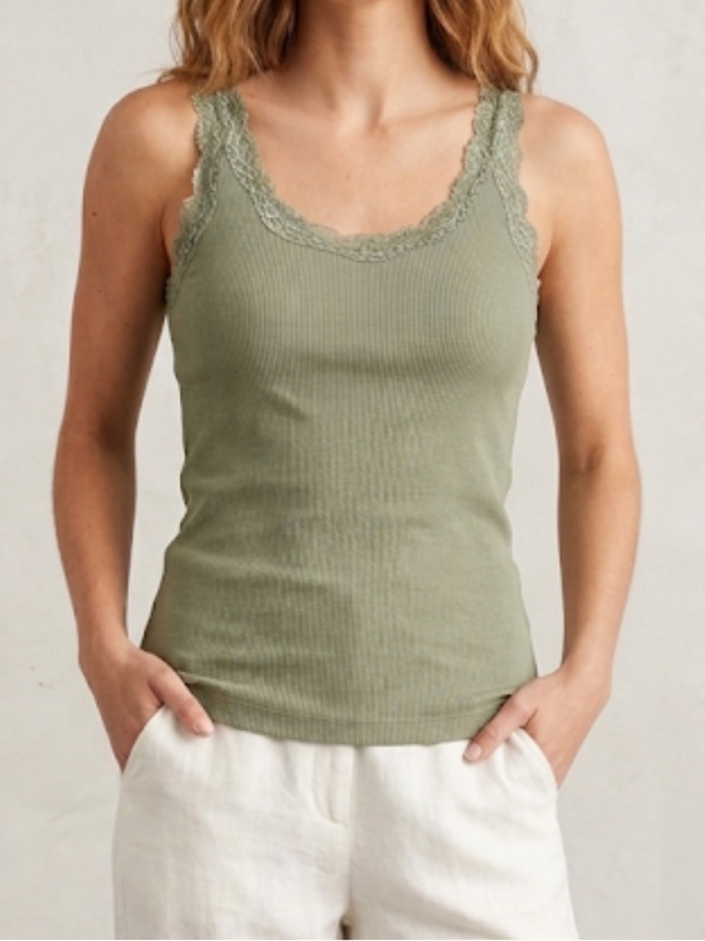 Chicos Cotton Ribbed Lace Tank Green Size 2  Large